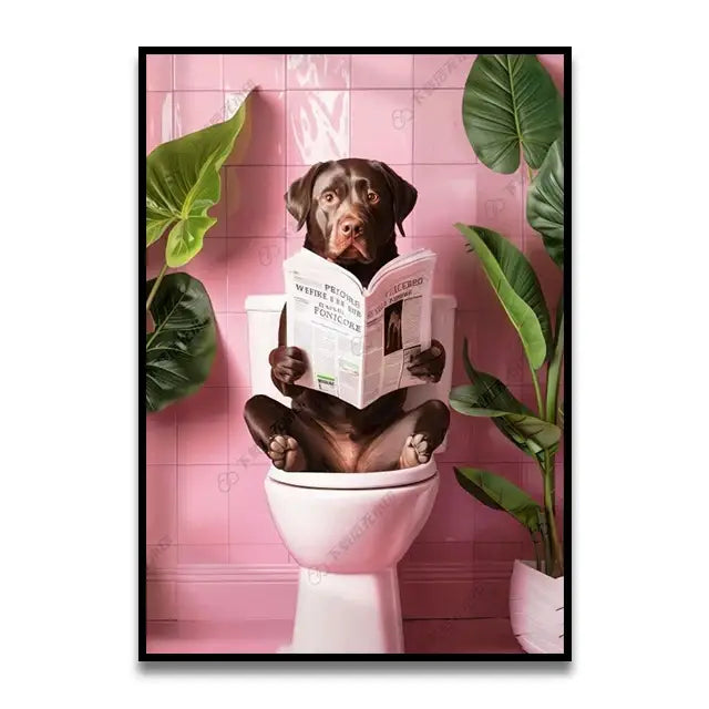 Framed canvas wall art decor featuring a chocolate labrador on a toilet holding a newspaper in decorbites™ cat reading style