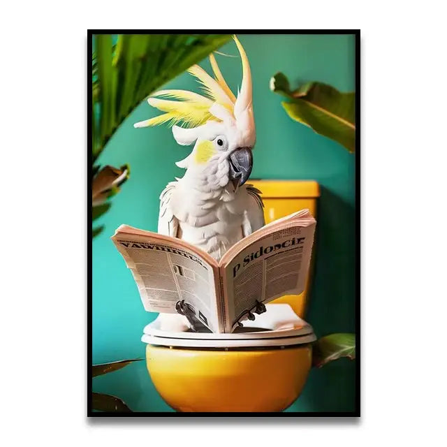 Decorbites™ funny cat reading canvas wall art features a vibrant yellow cockatoo holding a newspaper on a toilet lid