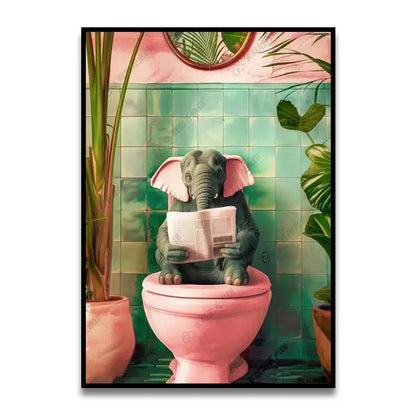 Decorbites™ funny cat reading canvas wall art featuring a gray elephant on pink toilet in a whimsical green tiled bathroom