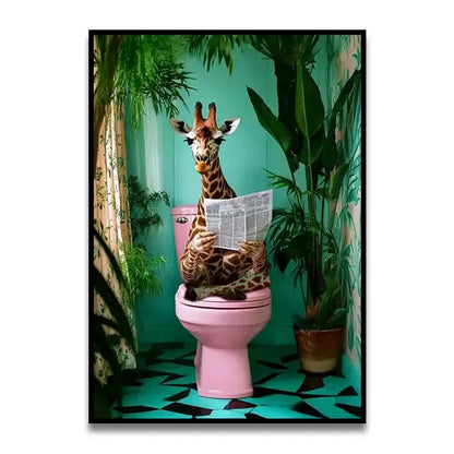 Decorbites™ funny cat reading canvas wall art featuring a giraffe on a pink toilet in a teal bathroom with plants