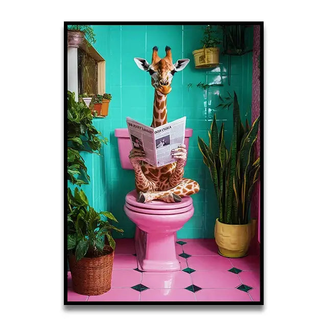Decorbites™ funny cat reading canvas wall art featuring a giraffe on a pink toilet in a turquoise bathroom setting