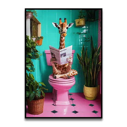 Whimsical toilet canvas wall art featuring a giraffe sitting on a pink toilet reading a newspaper in turquoise bathroom