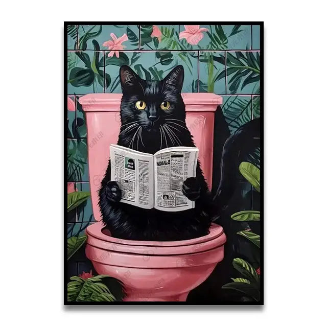 DecorBites™ funny cat reading on toilet canvas print of black cat with golden eyes holding newspaper on pink toilet