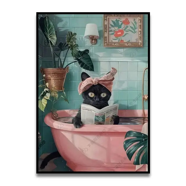 DecorBites™ funny cat reading toilet canvas print featuring a black cat with pink bow in a pink bathtub toilet canvas wall art