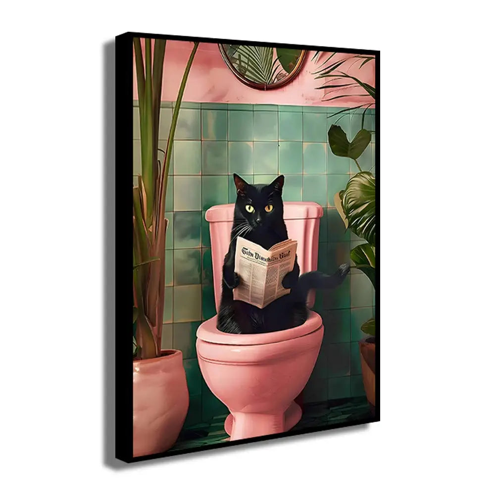 Decorbites™ funny cat reading on toilet canvas print featuring a black cat with yellow eyes on pink toilet canvas wall art