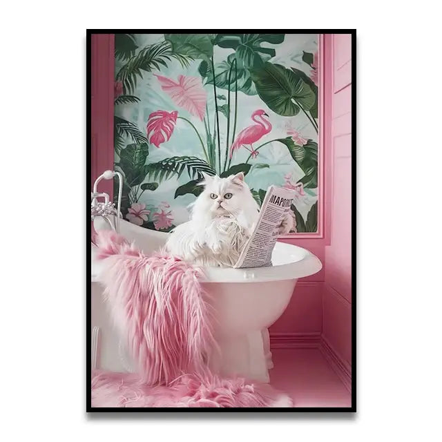 Decorbites™ funny cat reading toilet canvas print featuring a fluffy white cat in a pink bathtub holding a newspaper