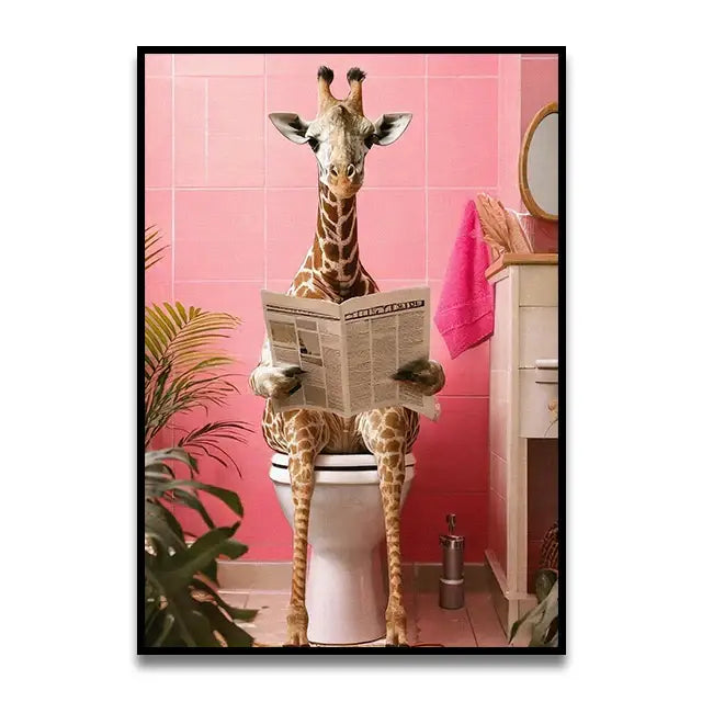 Decorbites™ toilet canvas wall art featuring a giraffe reading in a pink bathroom for cat reading decor