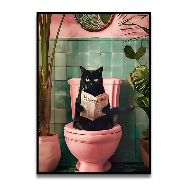DecorBites™ funny cat reading on toilet canvas print featuring a black cat on pink toilet against teal tiles wall decor