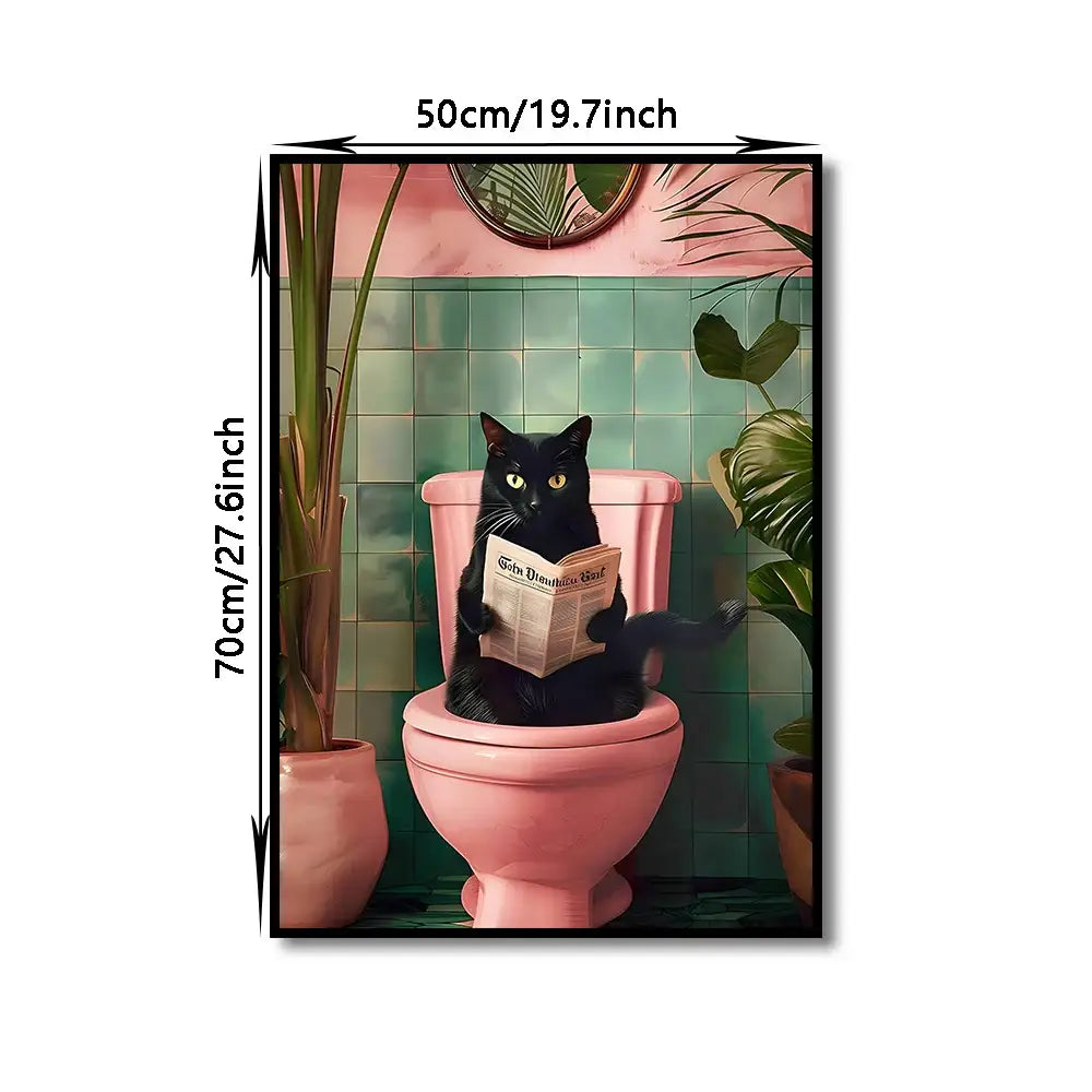 A framed DecorBites™ toilet canvas print featuring a black cat reading on toilet in a green tiled bathroom