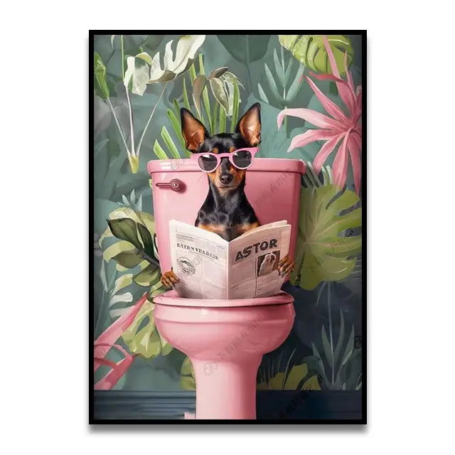 Decorbites™ funny cat reading on toilet canvas print featuring a pink toilet with a dog reading newspaper