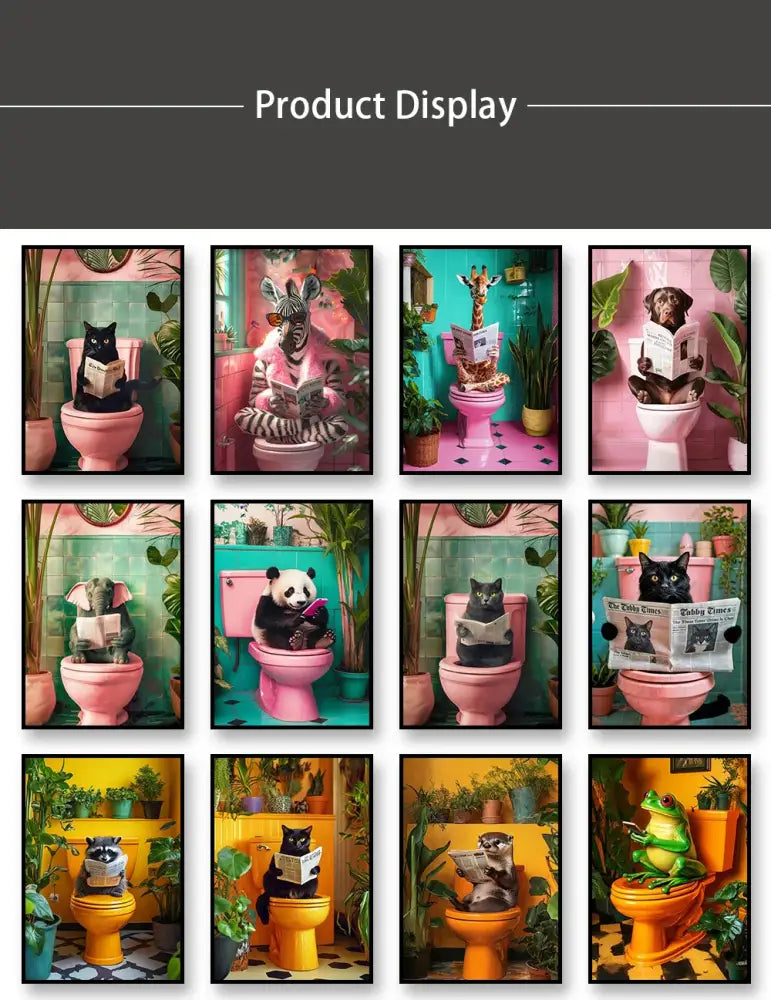 Set of twelve colorful framed toilet canvas prints featuring whimsical animals like cats reading newspapers