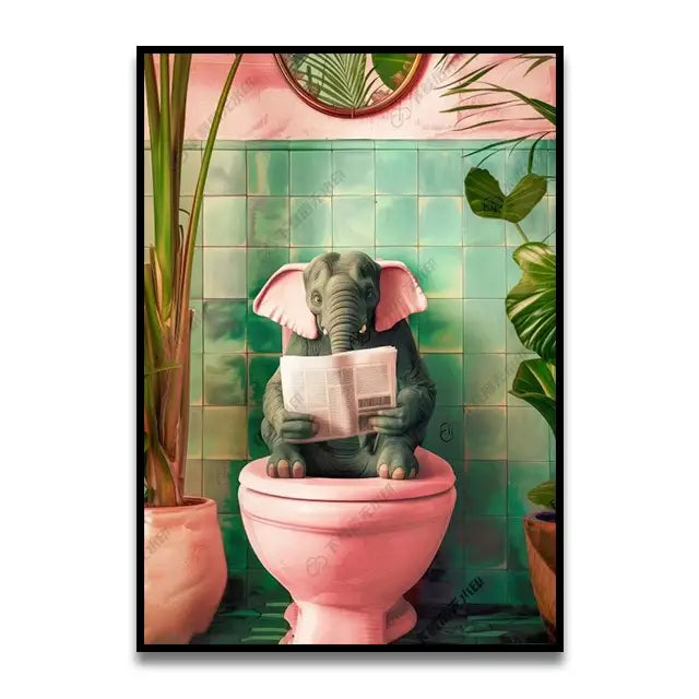 Whimsical toilet canvas print of a gray elephant with pink ears reading on a pink toilet against green tiles and plants