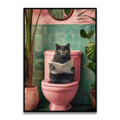 DecorBites™ funny cat reading wall art featuring a gray cat with yellow eyes on a pink toilet reading a newspaper