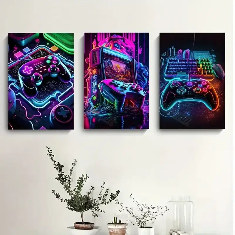 DecorBites™ graffiti gamepad canvas prints featuring neon-lit controllers and arcade art for vibrant gamer room decor