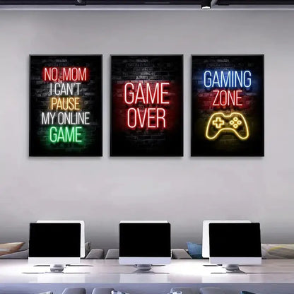 Three framed neon graffiti gamepad posters with vibrant lights for stylish gamer room decor on dark brick background