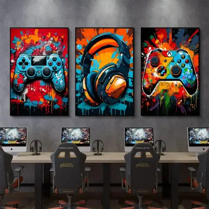 DecorBites™ gamer room decor set featuring graffiti gamepad canvas prints of blue PlayStation controller, headphones, Xbox controller