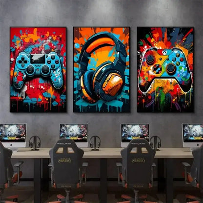 DecorBites™ gamer room decor set featuring graffiti gamepad canvas prints of blue PlayStation controller, headphones, Xbox controller