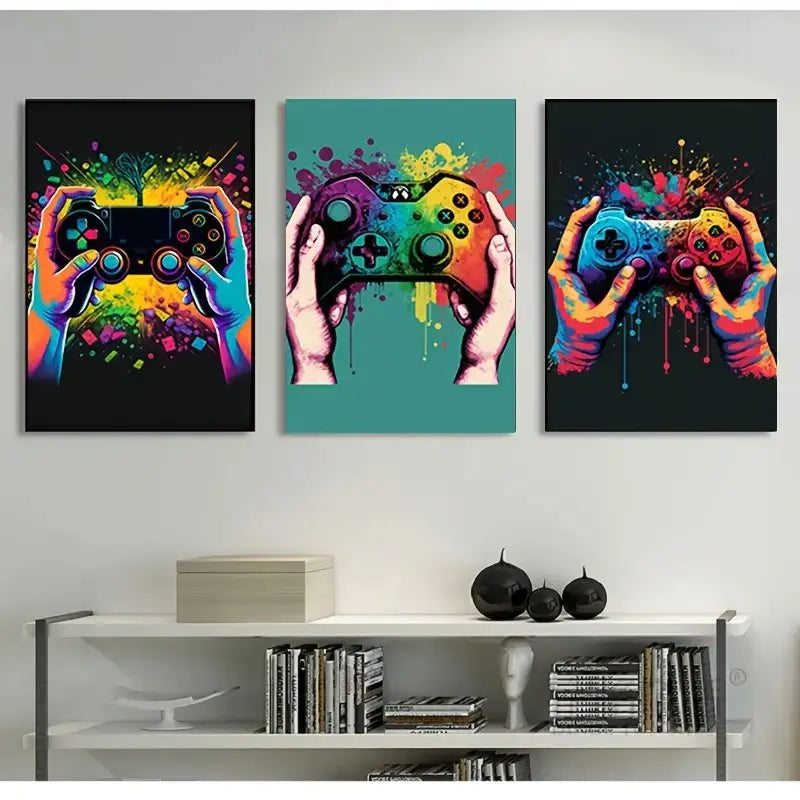 Decorbites™ gamer room decor set featuring three vibrant graffiti gamepad canvas prints with rainbow splatter paint