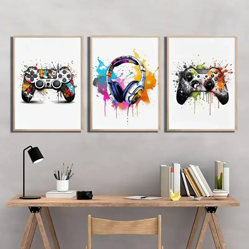 Three framed graffiti gamepad canvas prints featuring vibrant splatter designs for gamer room decor by decorbites