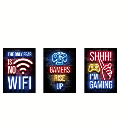 Set of three neon sign posters with graffiti gamepad designs in blue red yellow and white for gamer room decor