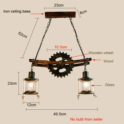 Decorbites gear industrial chandelier pendant with dark iron base wooden wheel and glass lanterns for dining room lighting