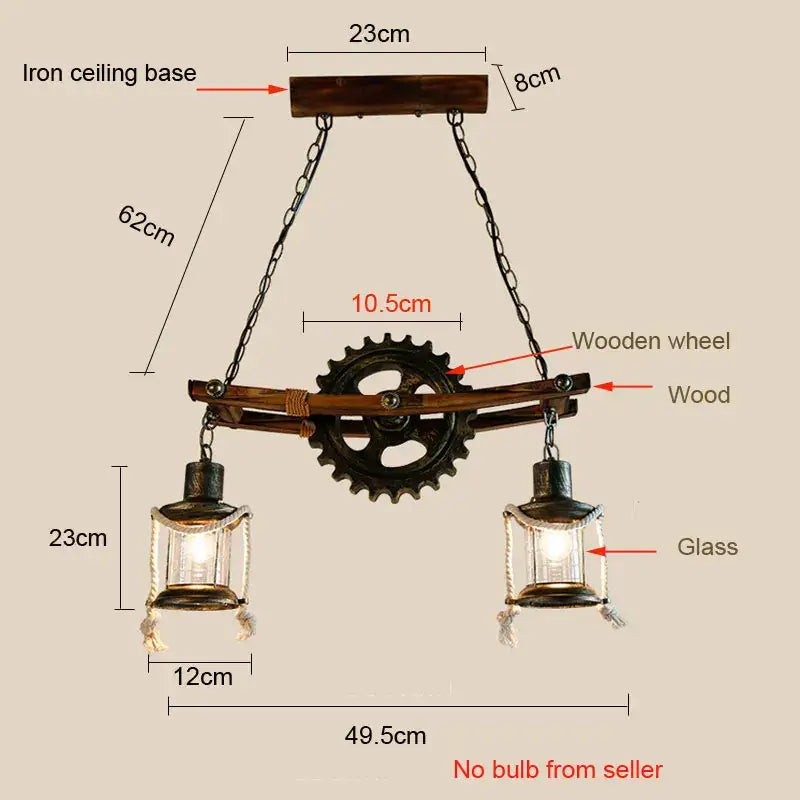 Decorbites gear industrial chandelier pendant with dark iron base wooden wheel and glass lanterns for dining room lighting