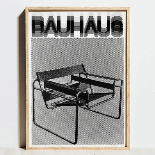 Black and white geometric bauhaus abstract canvas wall art featuring a minimalist light wood frame chair design by decorbites