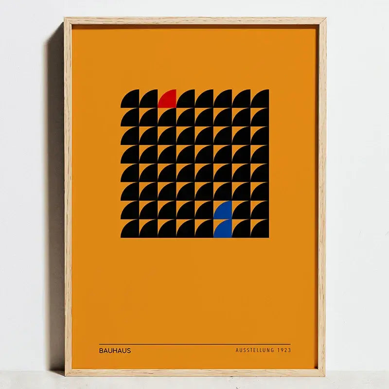 Orange-framed decorbites™ geometric bauhaus abstract canvas wall art with black semicircles and red blue accents