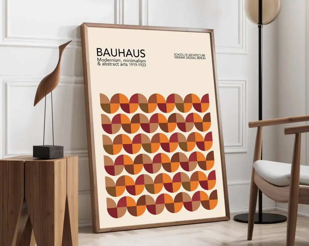 A framed decorbites™ geometric bauhaus canvas art with overlapping orange and brown circles for mid century decor