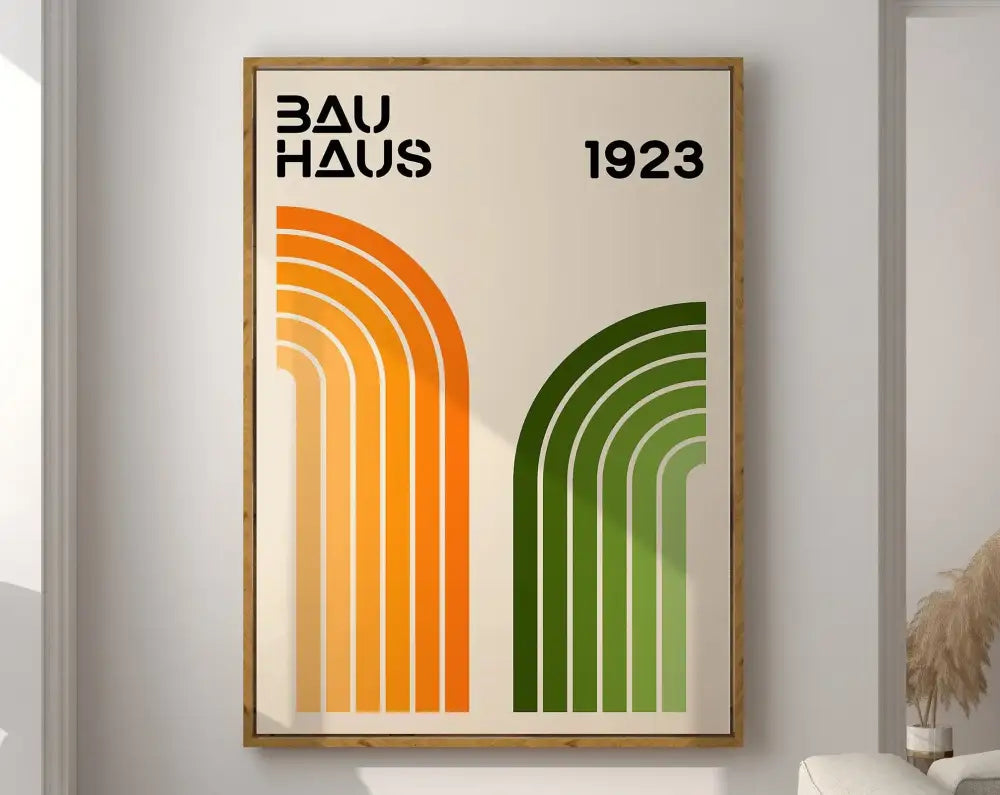 A framed geometric bauhaus canvas featuring bold orange and green stripes with bau haus 1923 text for mid century decor