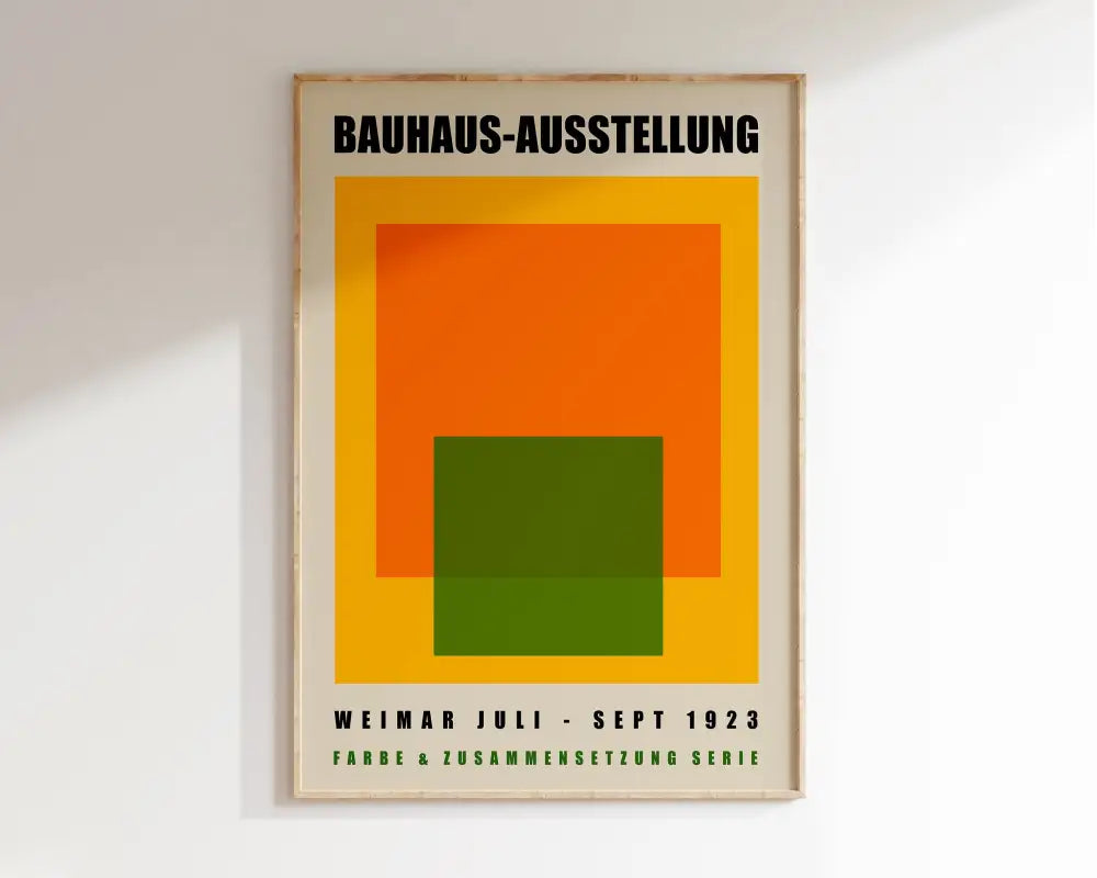 A framed decorbites™ geometric bauhaus canvas poster with bold orange yellow and green shapes on cream background for home decor