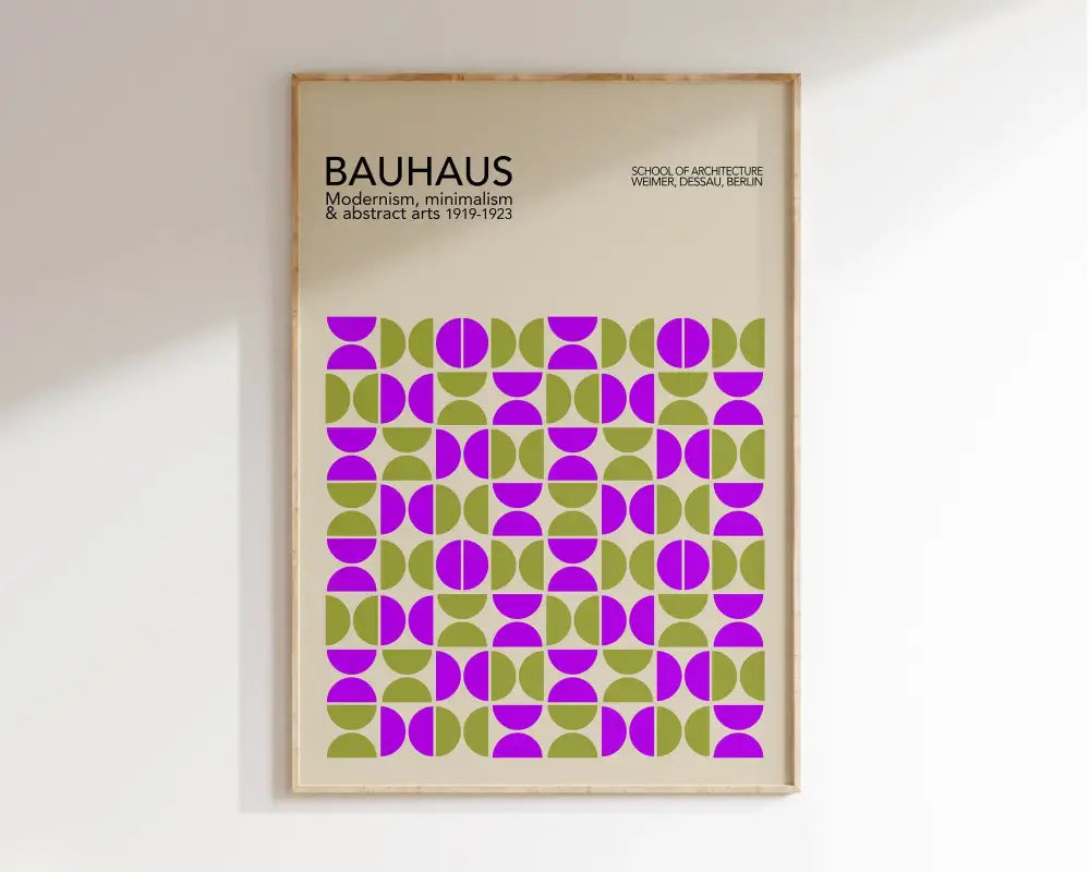 A DecorBites™ geometric bauhaus canvas poster featuring purple and olive green half-circles on off-white background