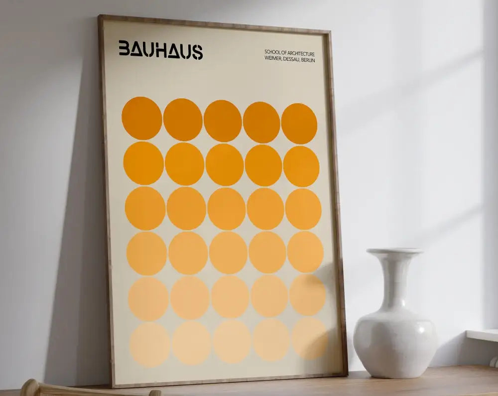 Decorbites™ geometric bauhaus canvas poster featuring bold black text and orange circles on off-white light wood frame