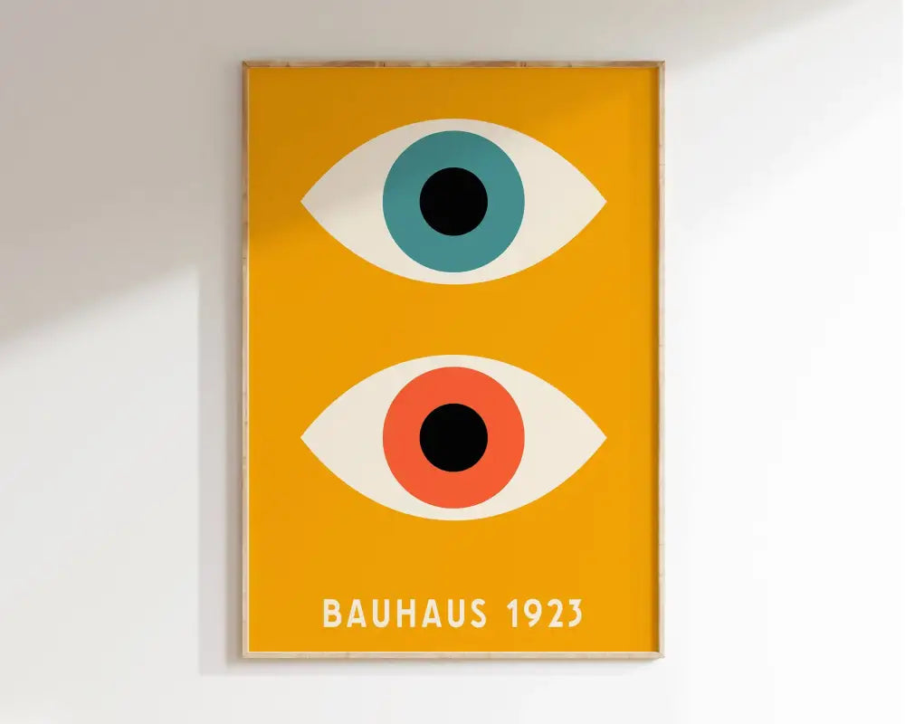 Decorbites™ geometric bauhaus canvas poster featuring minimalist eyes with teal and orange irises on yellow background