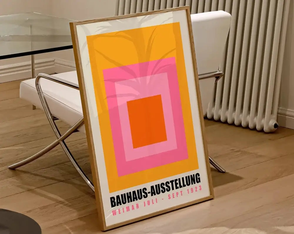 DecorBites™ geometric bauhaus canvas poster featuring bold orange pink and yellow shapes for modern home decor