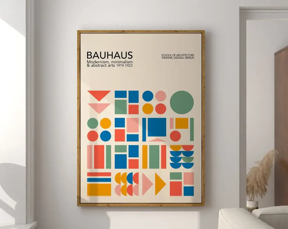 A framed decorbites™ geometric bauhaus canvas poster with colorful shapes on an off-white background for modern home decor