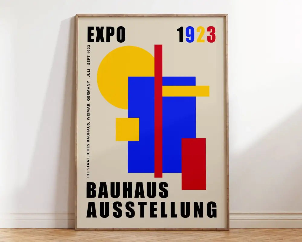 A decorbites™ geometric bauhaus canvas poster with yellow blue and red shapes and black text on cream background