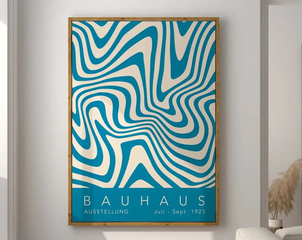 Framed geometric bauhaus canvas poster with bold blue and white waves for modern home decor by decorbites