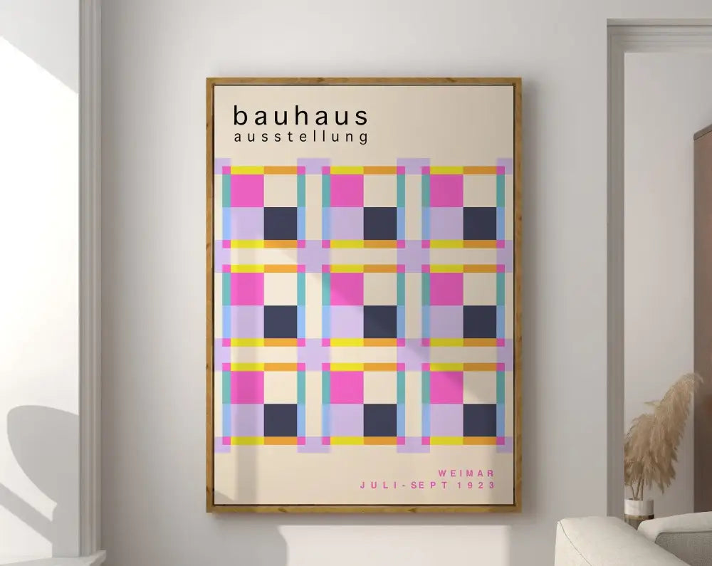 A framed decorbites™ geometric bauhaus canvas poster with pink navy blue yellow and teal squares on an off-white background