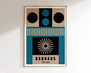 A framed bauhaus canvas poster with teal black and beige geometric design for stylish home decor by DecorBites™