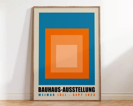 Decorbites™ geometric bauhaus canvas poster with concentric blue orange squares and bold black text from 1923 weimar exhibition