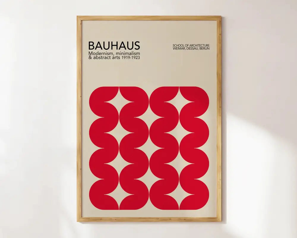 Decorbites™ geometric bauhaus canvas poster with bold red waves in light wood frame for modern home decor