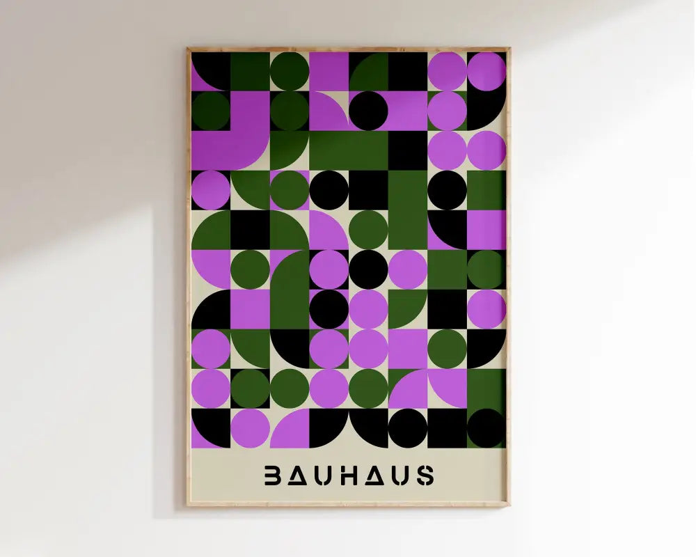 DecorBites™ geometric Bauhaus canvas poster with purple green and black circles on off-white wall art for home decor