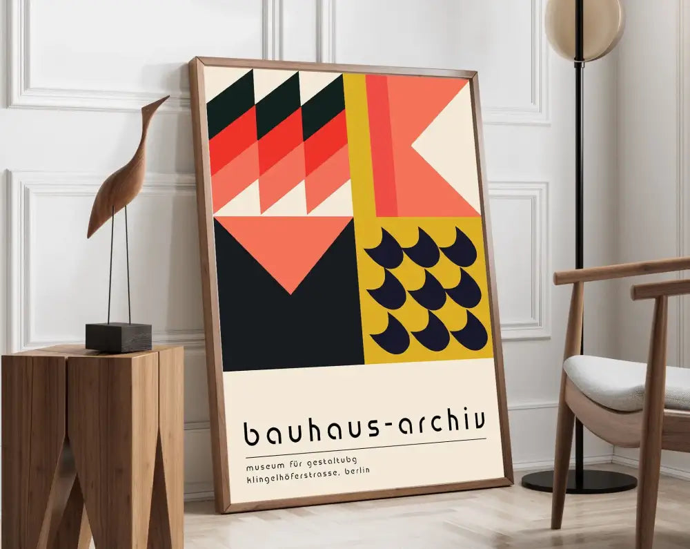 A framed decorbites™ geometric bauhaus canvas poster with bold red black yellow and cream patterns for modern home decor wall art