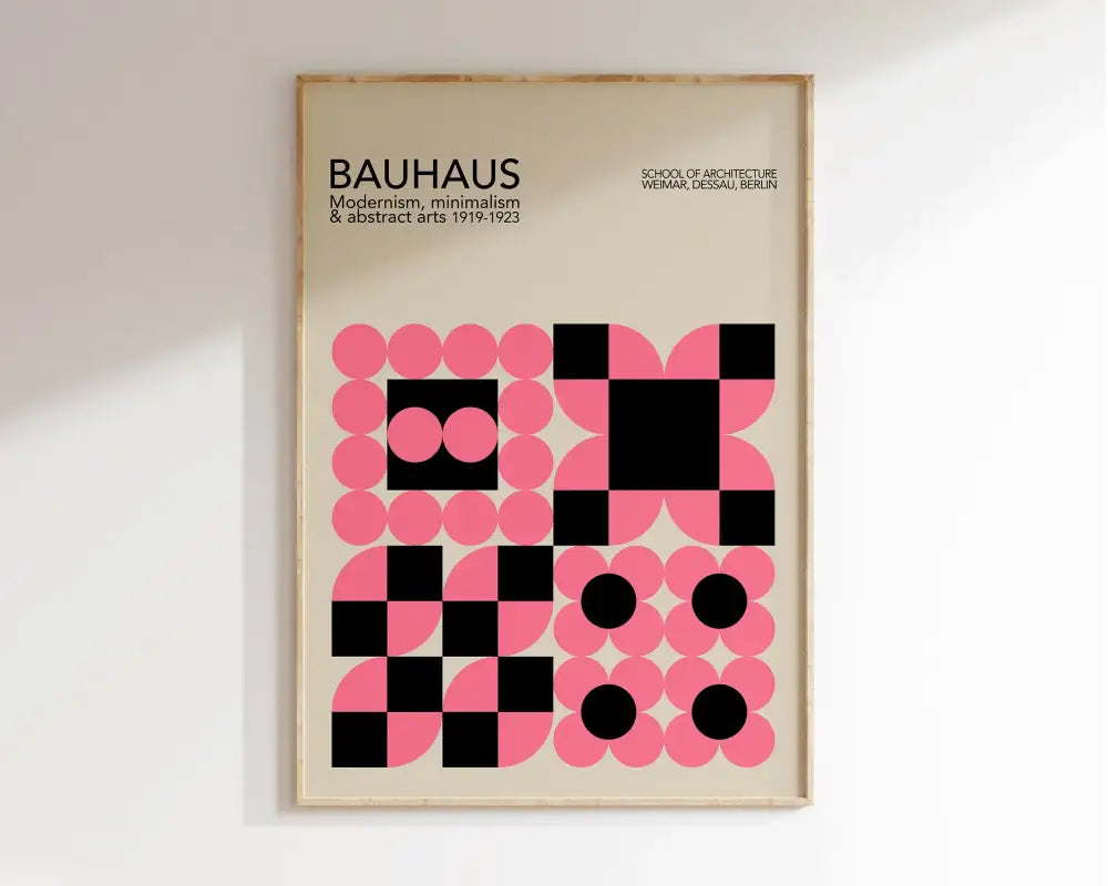 A framed decorbites™ geometric bauhaus canvas poster with pink and black circles for modern home decor wall art