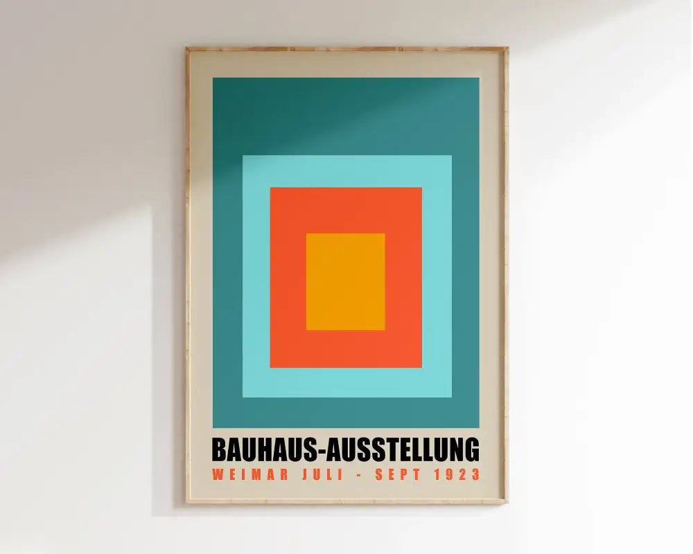 A framed decorbites™ geometric bauhaus canvas poster with concentric teal, light blue, orange, and yellow squares
