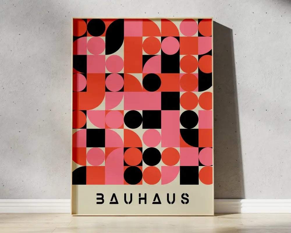 DecorBites™ geometric bauhaus canvas poster featuring pink orange and black circles on cream wall art for home decor
