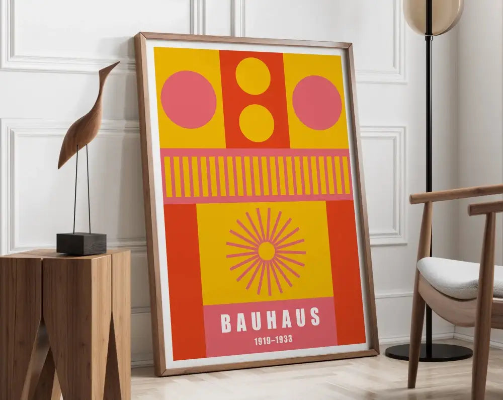 Decorbites™ geometric bauhaus canvas poster with vibrant pink and yellow circles in a wooden frame for modern wall art