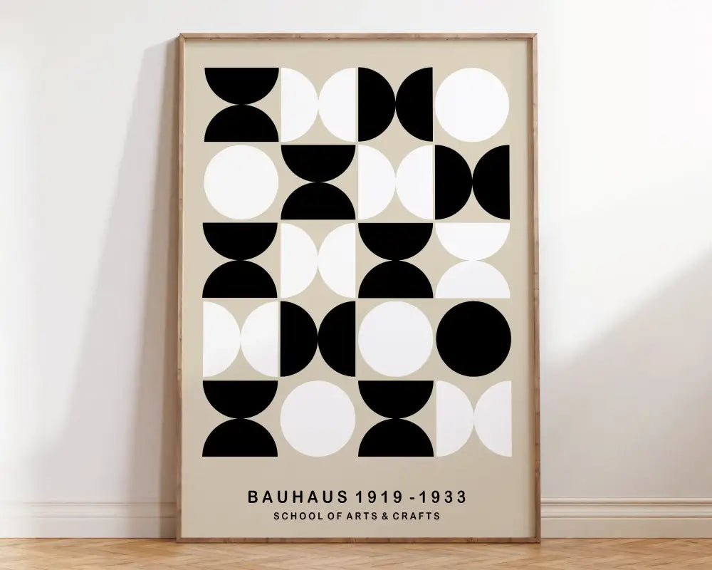 Decorbites™ geometric bauhaus canvas poster in light wood frame featuring abstract black and white circles on beige background