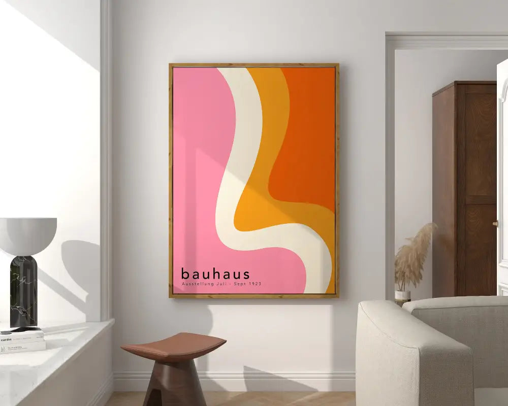 A framed decorbites™ geometric bauhaus canvas poster with bold pink orange and cream waves for modern home decor